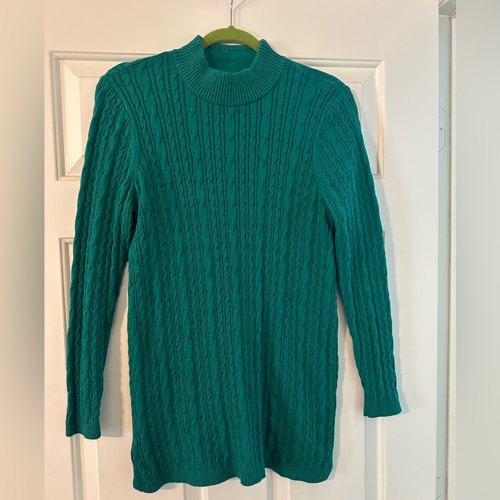 Land’s End Women Green Mock Turtleneck Cable Sweater Medium